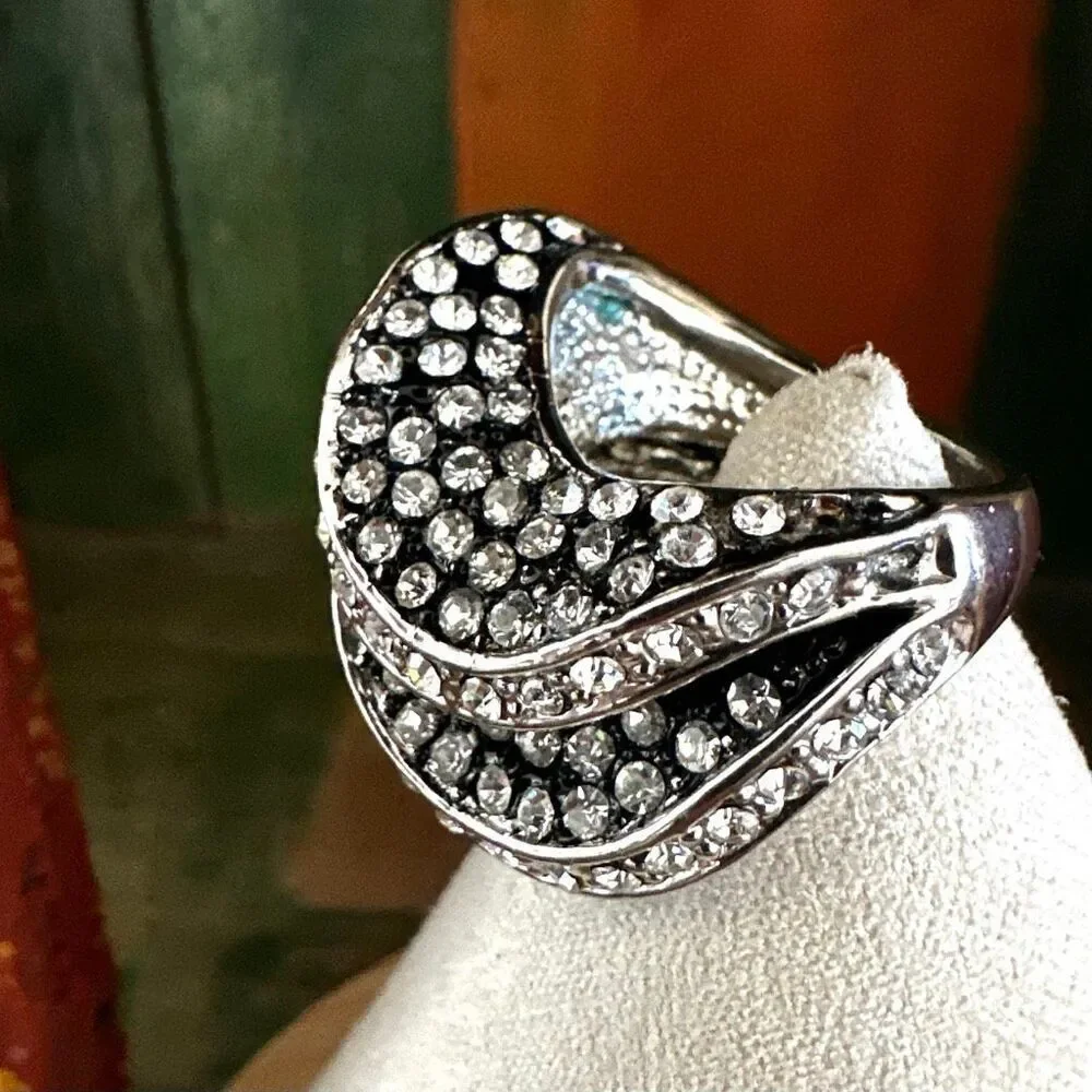 Silver-Tone Rhinestone Wave Statement Ring
